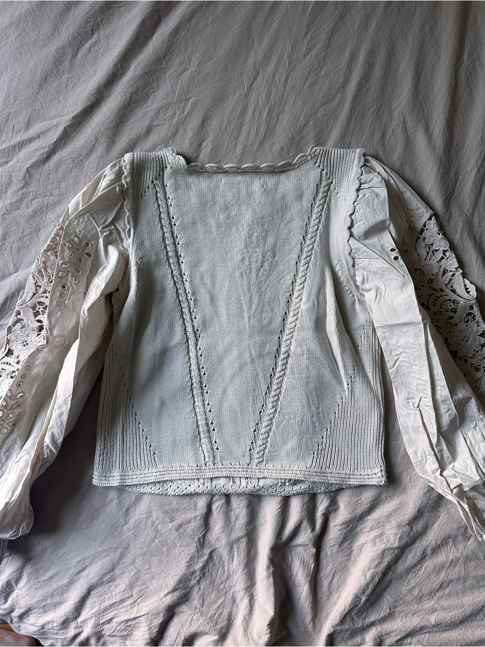 Anthropologie White Lace-Panel Long Sleeve Knit Top
